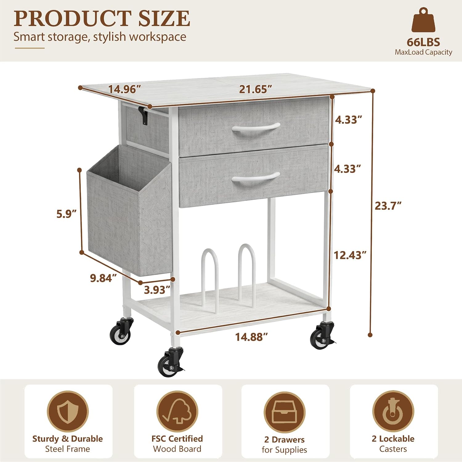 Faesun Printer Stand with Storage,3-Tier Rolling Printer Table with Drawers image 2