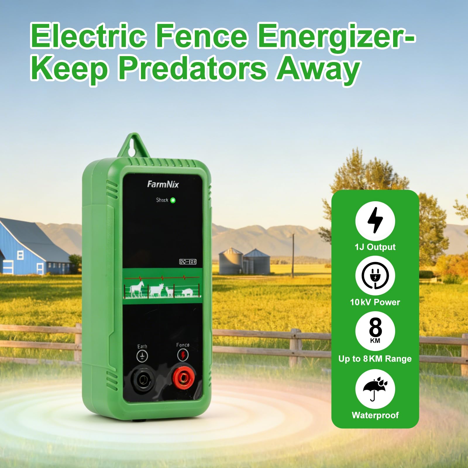 Elettrificatore per Recinti 8KM, 1J, 12V, Uscita 10KV, Basso Consumo, Compatibile AC/DC/Solare per Giardino, Fattoria e Piccoli Pascoli