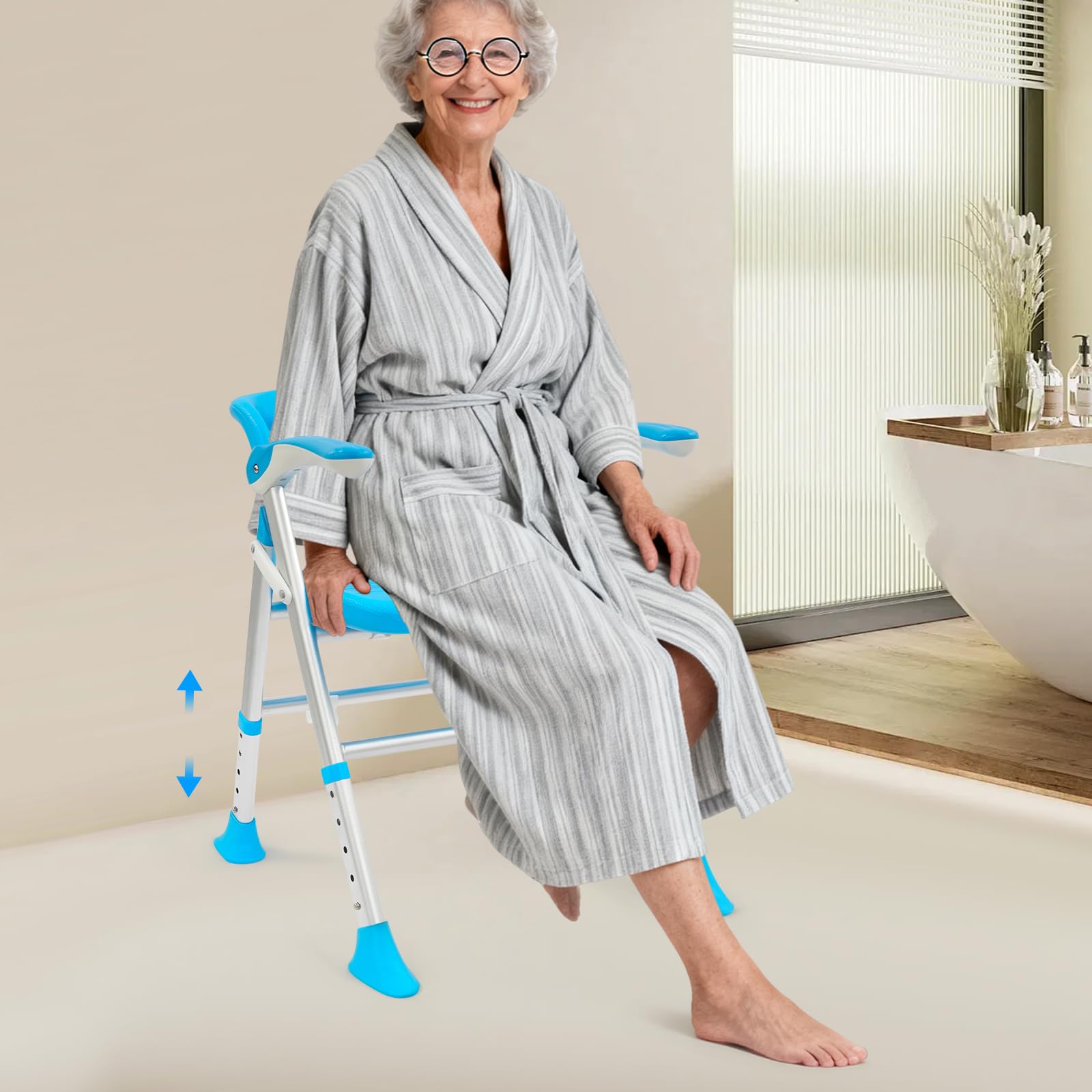 Silla de ducha para personas mayores, plegable, con respaldo y reposabrazos, altura regulable de 63,4 a 74 cm, con almohadillas antideslizantes para los pies, hasta 180 kg, color verde claro