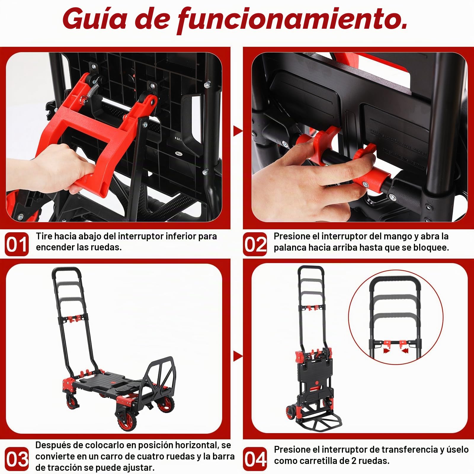 Carretilla de Mano y Carro Plegable 2 en 1, con Caja Abatible y 2 Correas | Capacidad de 150 kg, Asa Ajustable 3 Alturas, Ideal para Mudanzas, Supermercado y Acampada (Rojo)