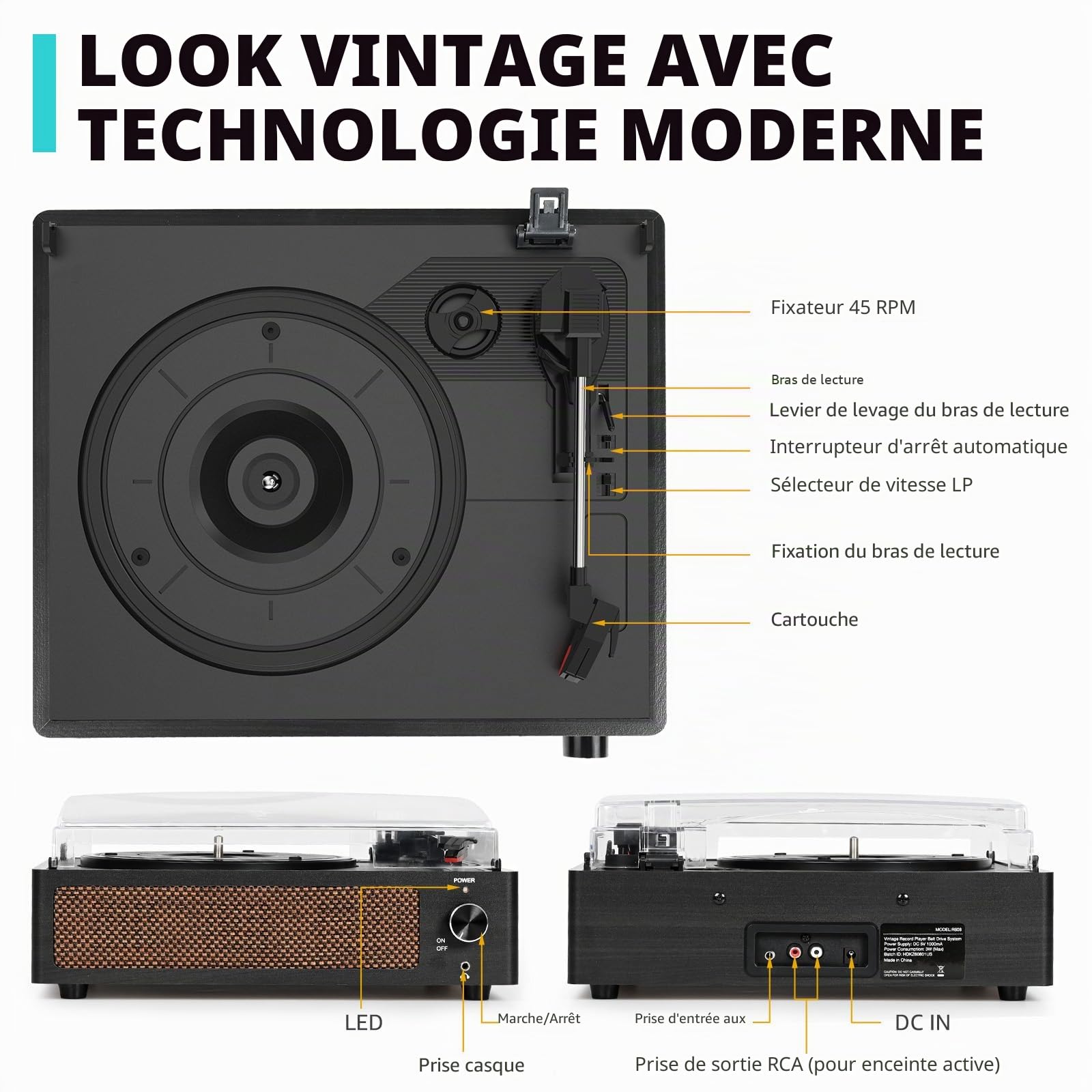 Vintage Platine Vinyle avec Haut Parleur, pour disques vinyles, Prise en Charge 3 Vitesses, Lecture sans Fil, entrée AUX, Ligne RCA LP lecteurs vinyles rétro Noir