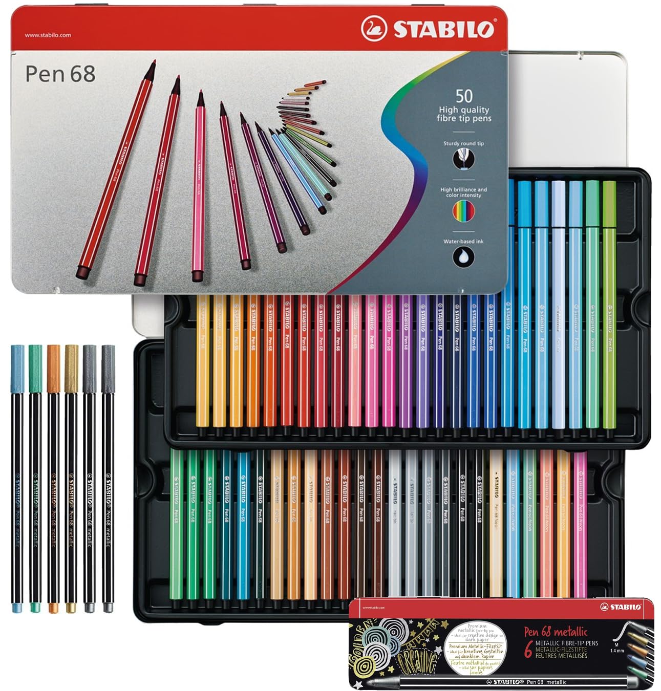 STABILO Premium-Filzstift Pen 68-50er Metalletui - mit 46 verschiedenen Farben - 6er Metalletui - 2x silber, je 1x gold, kupfer, metallic blau, metallic grün