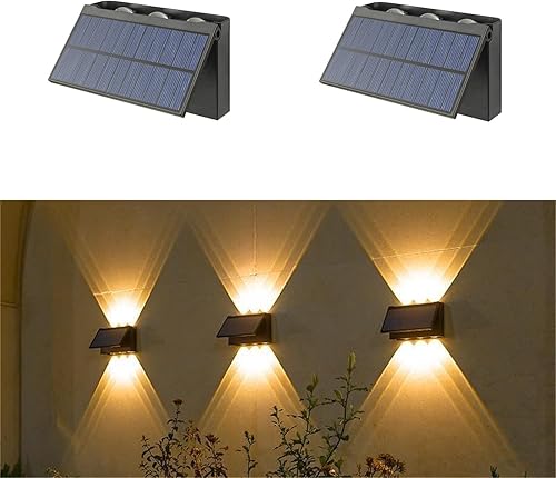ASLIDECOR Luz solar de pared hacia arriba, paquete de 2 6 luces LED iluminan al aire libre, lámpara con sensor de luz solar, IP65, impermeable,