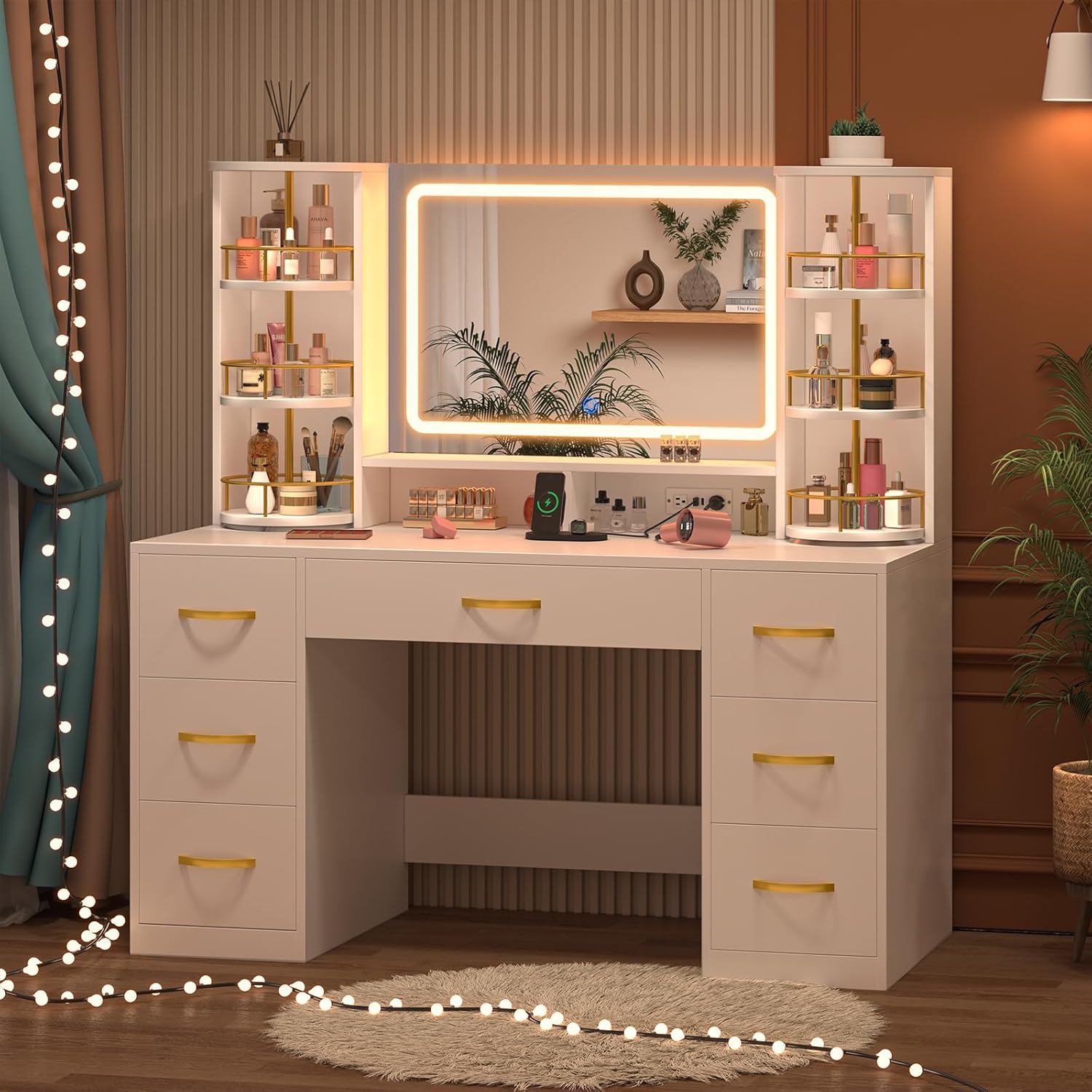 Vanity Desk with LED Mirror and 360 Rotating Makeup Organizer Shelves, White Makeup Vanity with Lights & Charging Station, Large Vanity Table with 6 Storage Drawers Bedroom Makeup Desk for Women Girls White Vanity