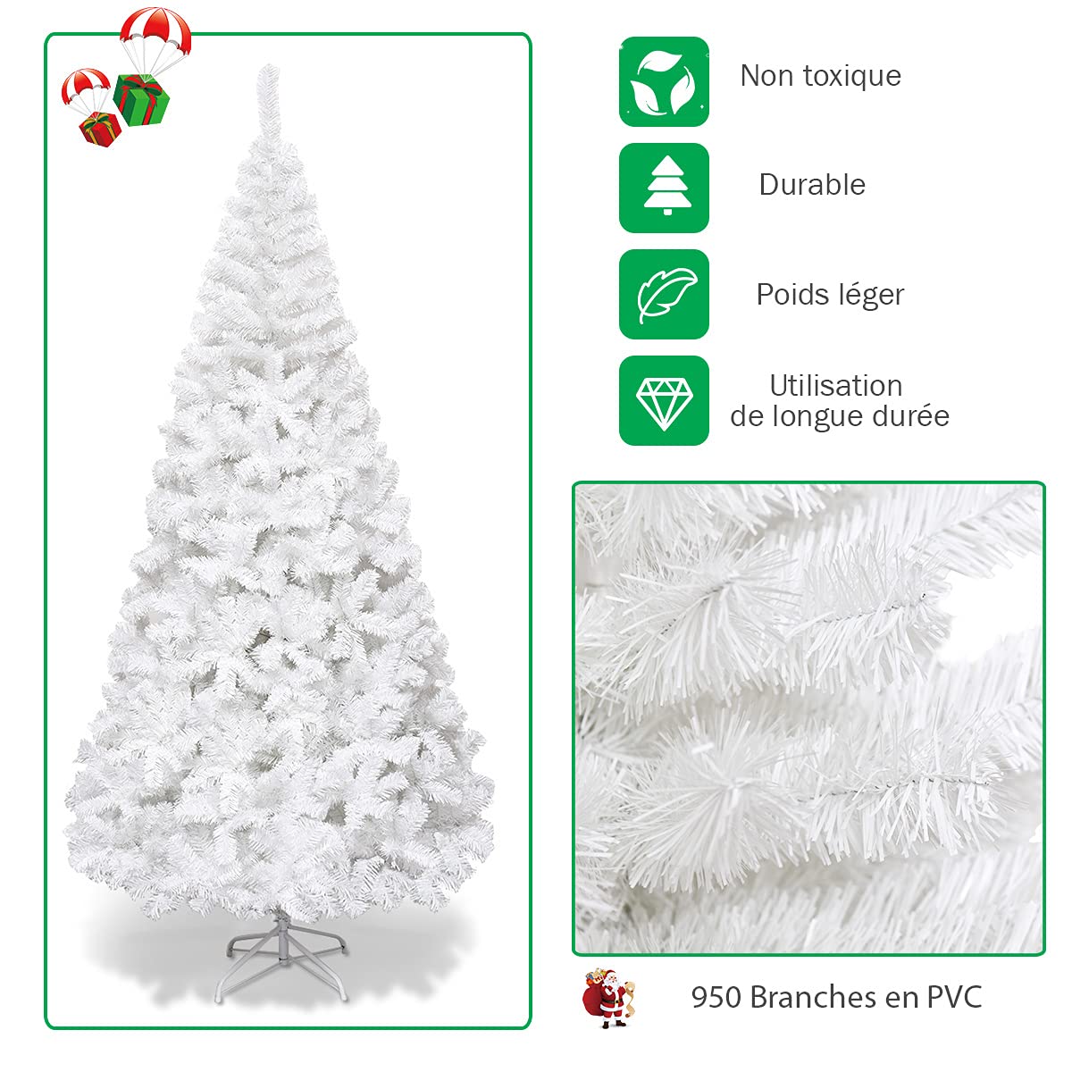 RELAX4LIFE Sapin de Noël Blanc 210 CM, Sapin Noel Artificiel en PVC avec Support en Métal, Arbre de Noël pour Décoration Maison/Bureau/Magasin (Blanc, 210 CM)