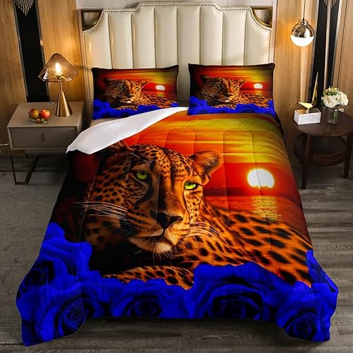 Miniatura 1 de Erosebridal Juego de edredón acolchado con estampado de leopardo y rosa azul para hombres, juego de ropa de cama de animales de safari africanos,