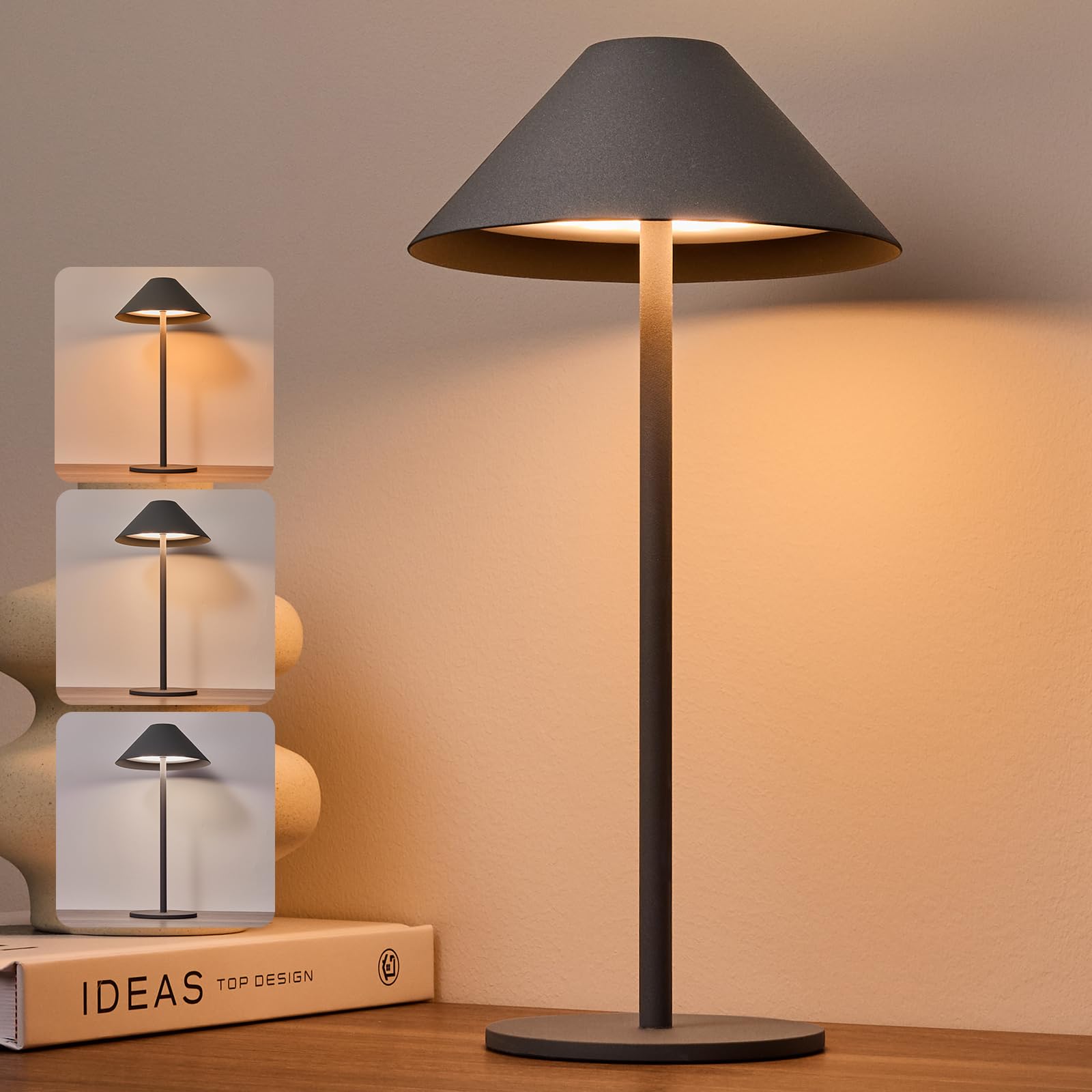 Bojim Grey Table Lamp LED Touch Battery Operated USB Rechargeable for Home, Modern Small Brass Lamps Portable Wireless Bedside Reading IP54 Waterproof Cordless Lights Outdoor Garden Kitchen