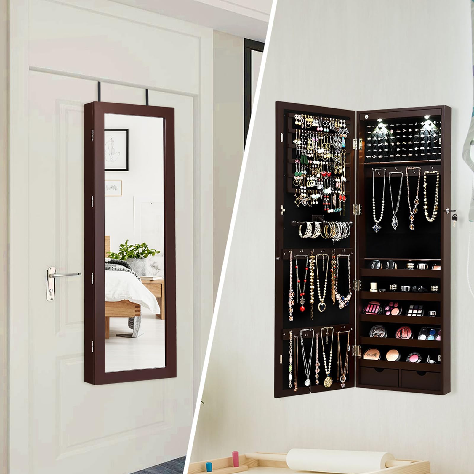 COSTWAY Armadio per Gioielli con 2 luci LED, con Specchio a Figura, Organizer Montato al Muro con Ganci Regolabili per Appendere, Armadio Portagioie per Truccarsi (Marrone)