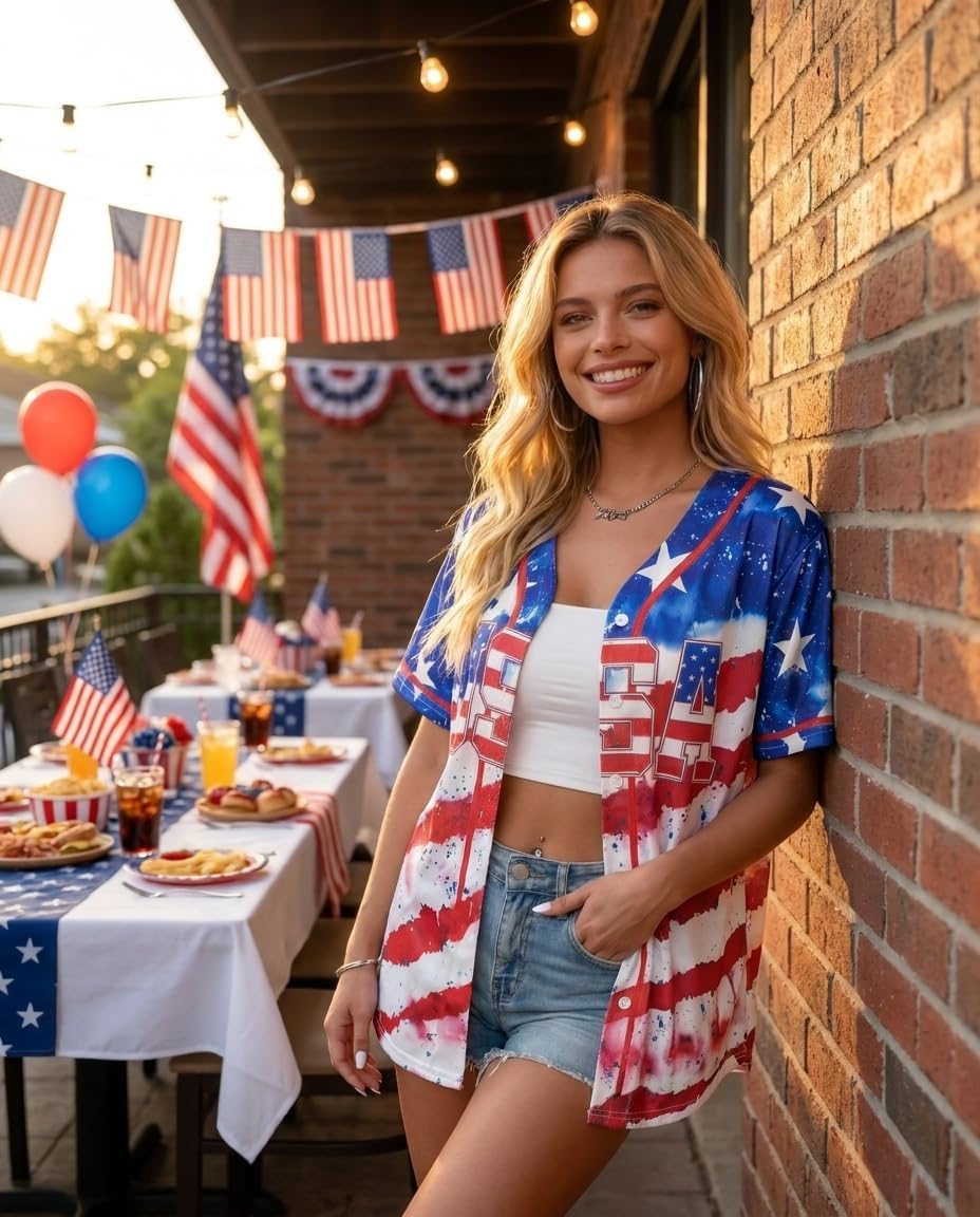USA Flag Baseball Jersey for Women 4th of July Button Down Shirt V Neck Patriotic Tee 250th Anniversary Top