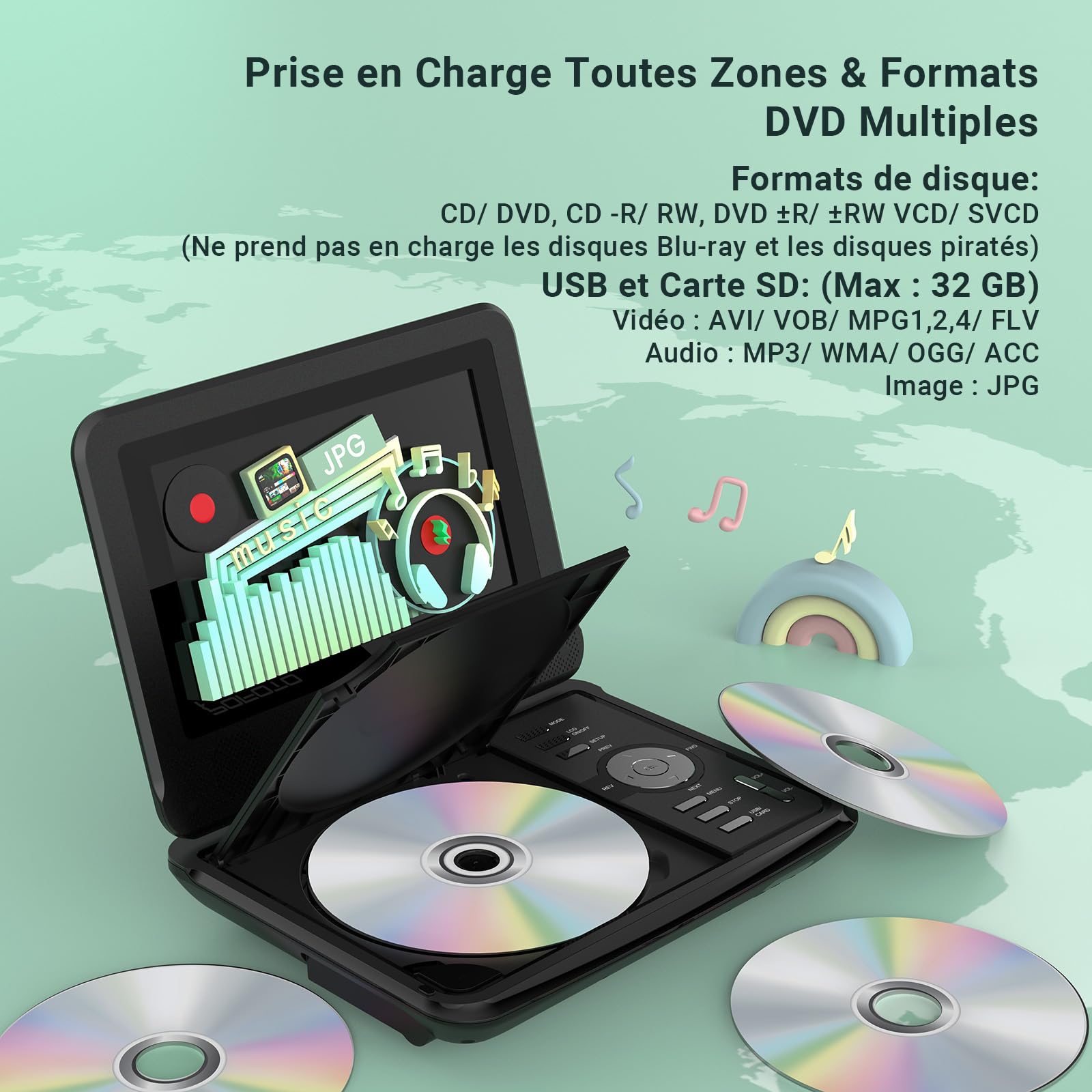 POFOTO Lecteur DVD Portable 9,5" Écran Pivotant HD 7,5" Autonomie 4-6 Heures USB/SD/Synchro TV Haut-parleurs Stéréo Noir