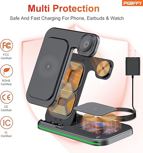 Miniatura 2 de Estación de carga 3 en 1 Cargador inalámbrico Soporte de carga plegable para múltiples dispositivos con cargador rápido para lPhone 16151413 Pro Max