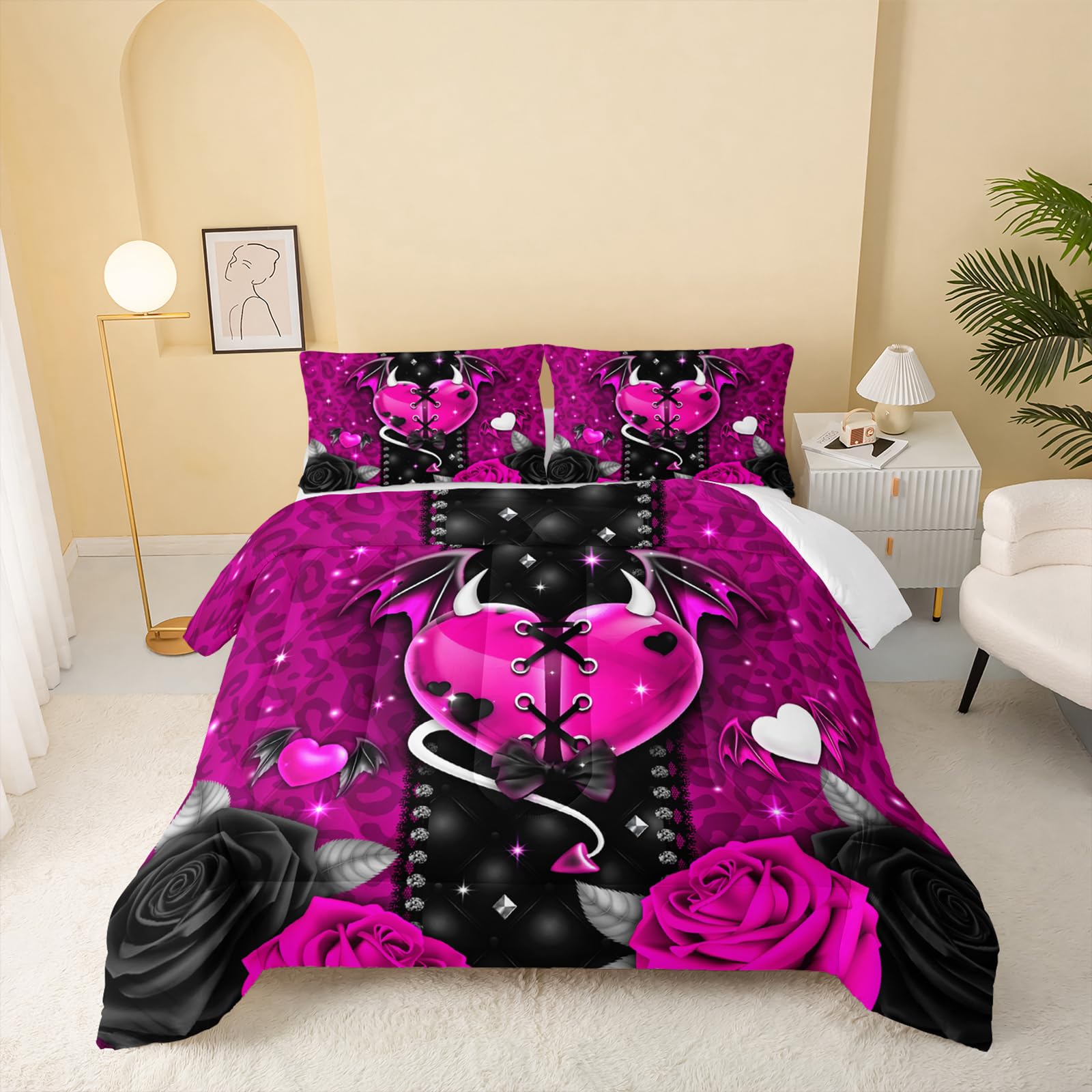 QOOMO Pink Leopard Kids Bedding Set,Flowers Print Comforter Set Full Size for Boys Girls Teen Room Decorat,Soft Lightweight Bed Set All Season,1 Comforter 2 Pillowcases