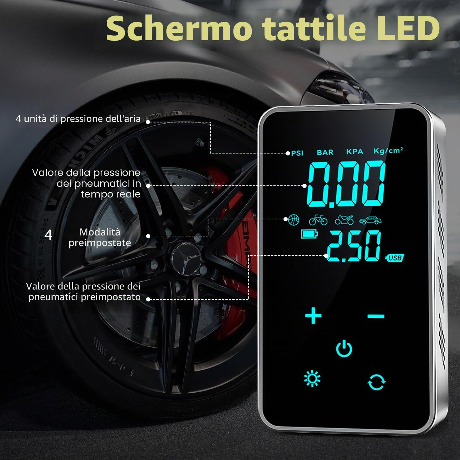 Compressore Aria Portatile, 150PSI Gonfiatore Elettrico Portatile con Manometro, Elettrico Pompa Elettrica, Mini Compressore Pneumatici Ricaricabili con Luce LED per Moto Bici Palla