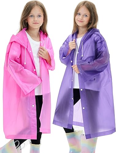 HOOMBOOM Paquete de 2 ponchos de lluvia EVA impermeables reutilizables para niños, chaqueta de lluvia de talla única para niños, niños y niñas