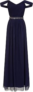 Vestido Largo en Color Azul Marino con ornamentación de pedrería en la Cintura para Mujer (44 EU) (Azul Marino)