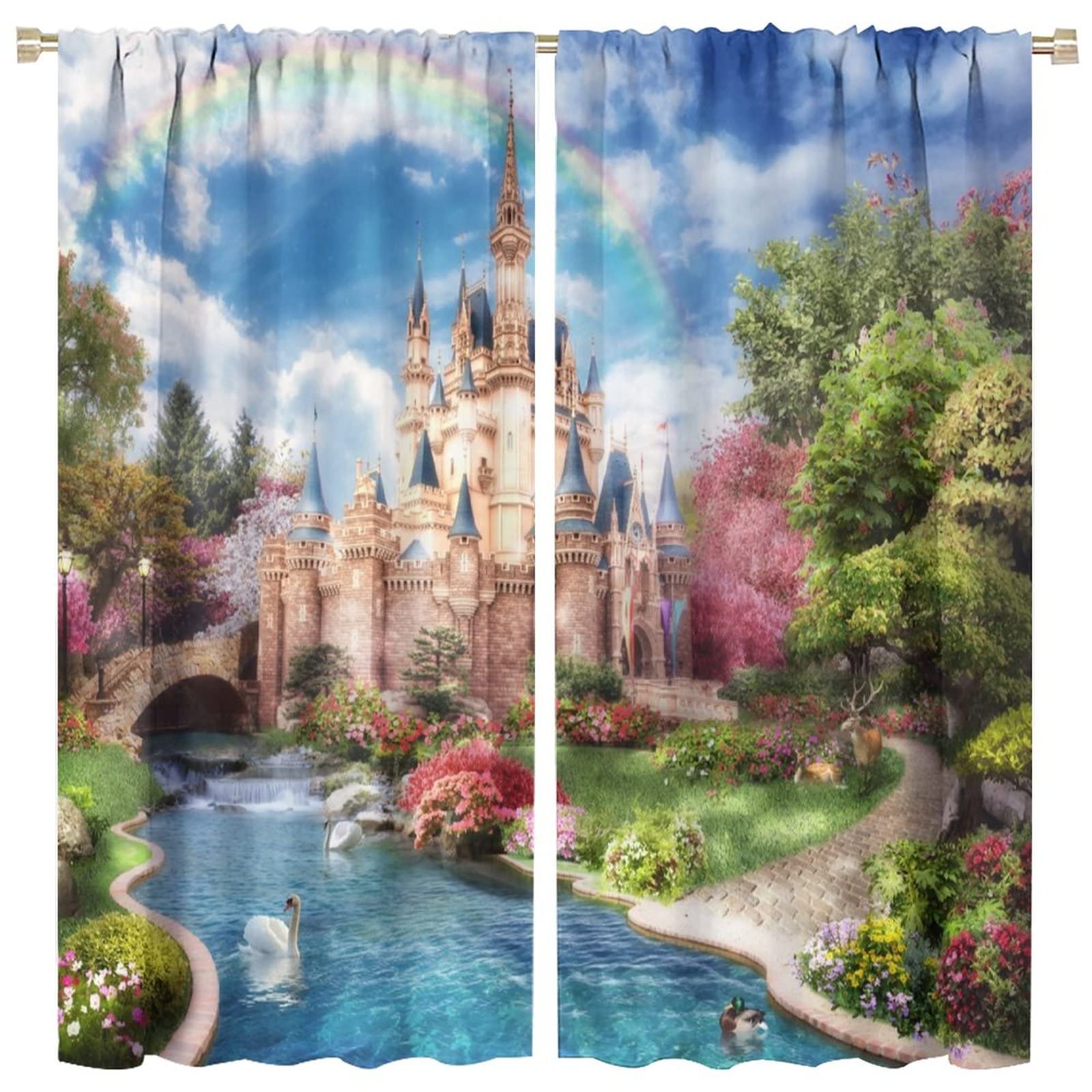 Castle Curtains Rainbow Garden Flower Calm Lake Fairy Tale World Scenery for Children's Room, Kids Girl Living Room Bedroom Decor Printed Blackout Rod Pocket Window Drapes 42x45in