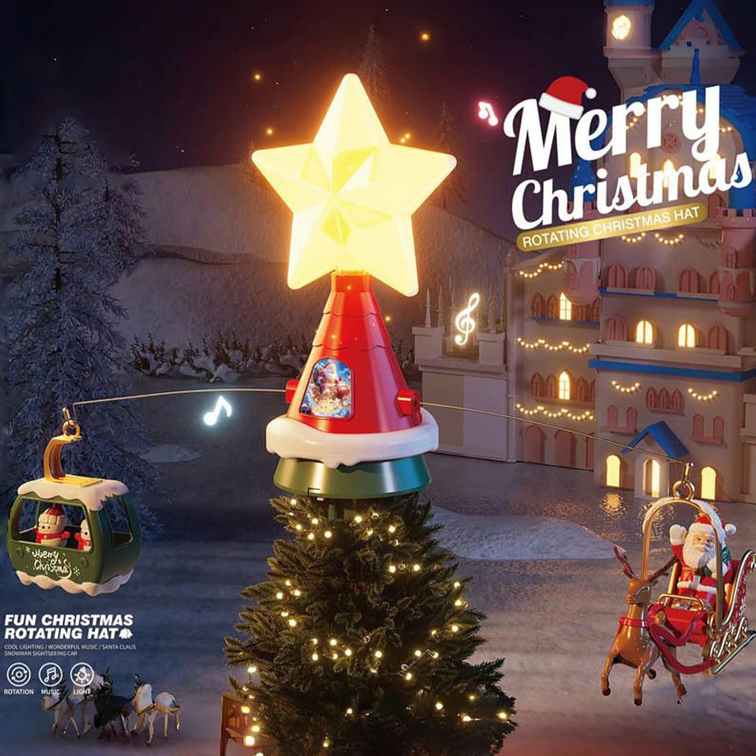 Christmas Tree Topper, Rotating Treetop Decoration, LED Light Music Tree Toppers Ornament for Holiday Cheer, Festive Winter Parties Supplies, Home, Offices Decor, Easy to Install & Eye Catching Design