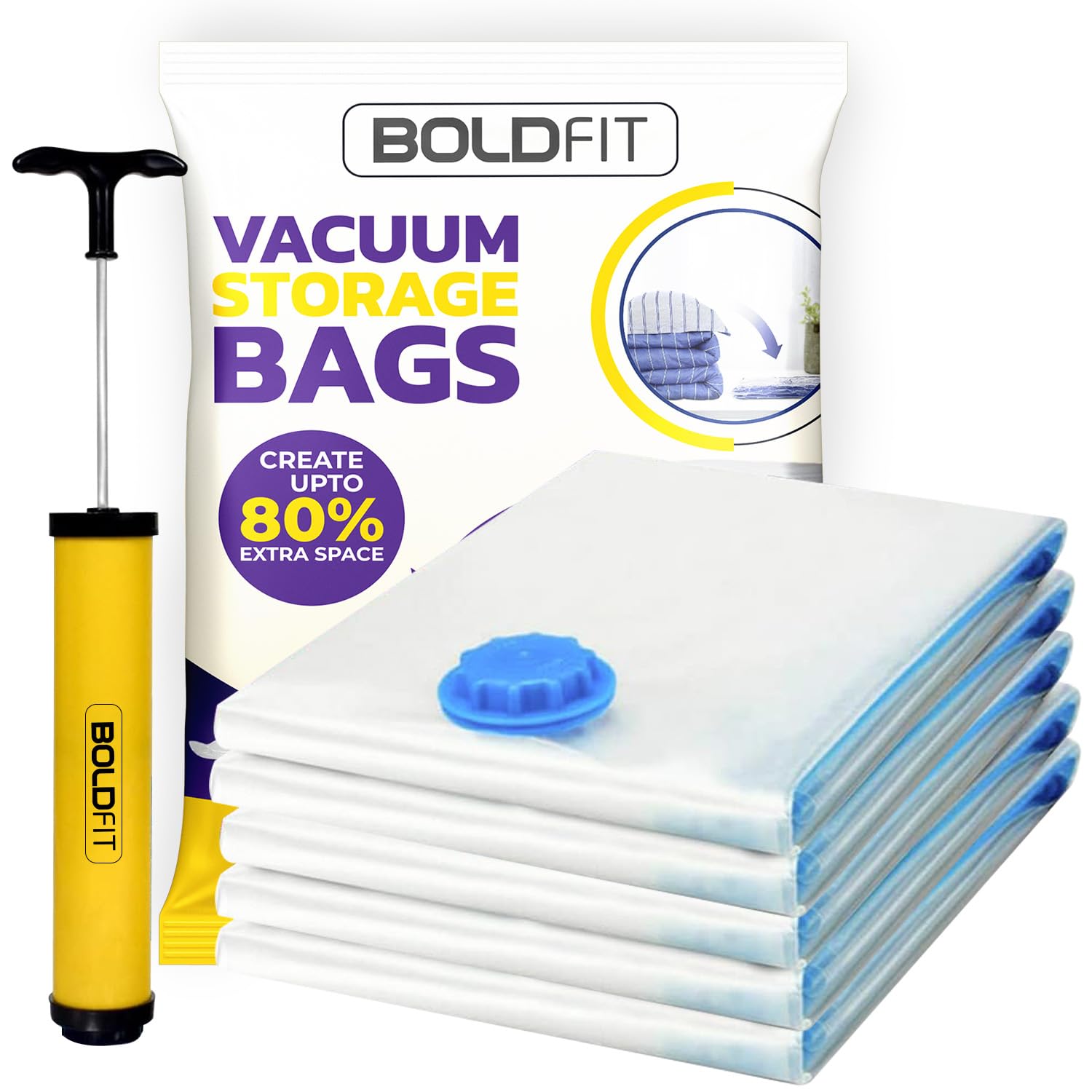 Boldfit Plastic Reusable Vacuum Bags for Clothes With Pump - Space Saving Travel Ziplock Bags for Packing Blankets - Compression Storage Set of 5 (2S, 2M, 1L), Transparent