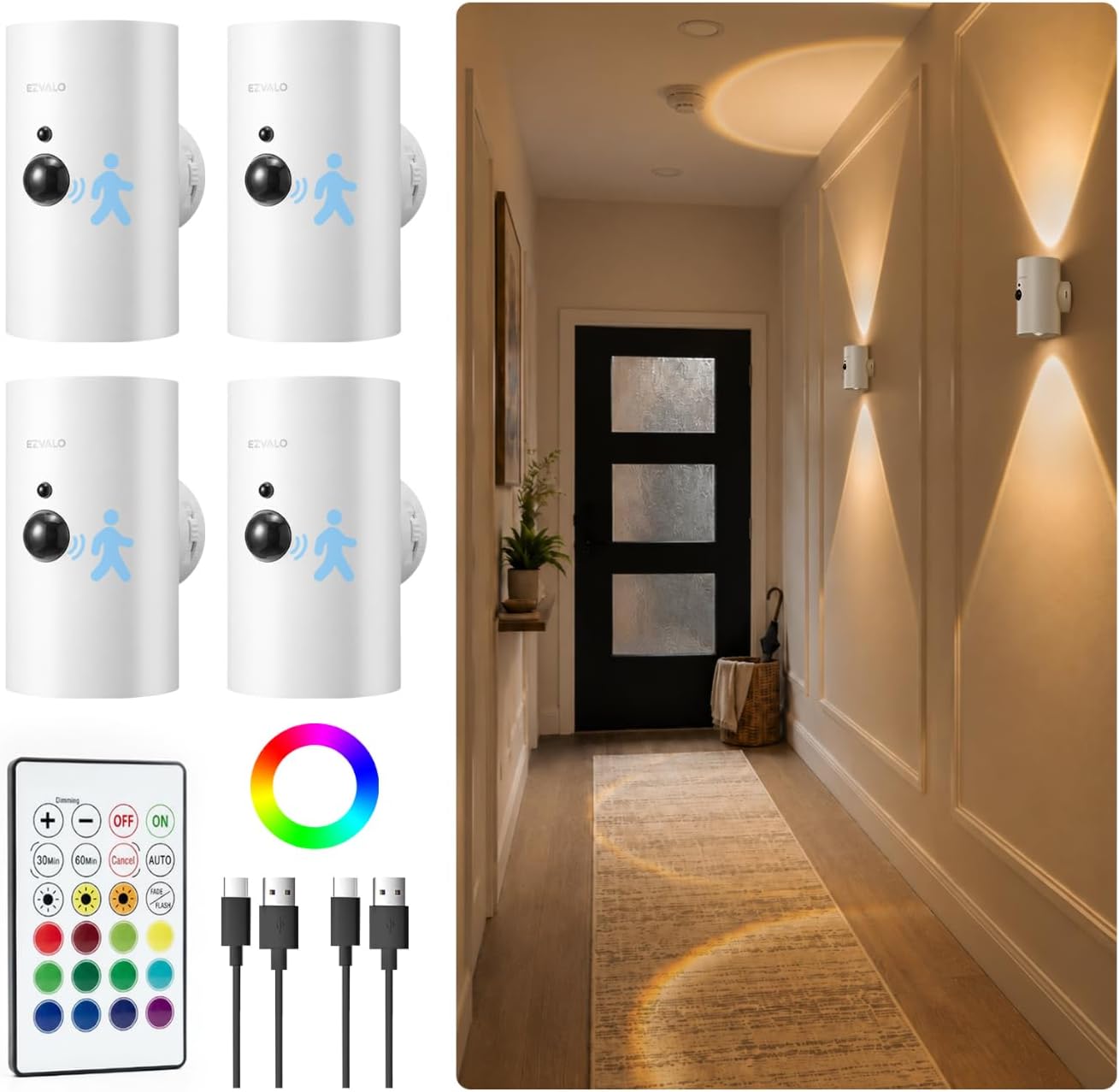 EZVALO Motion Sensor Wall Sconces, Battery Operated Wall Lights