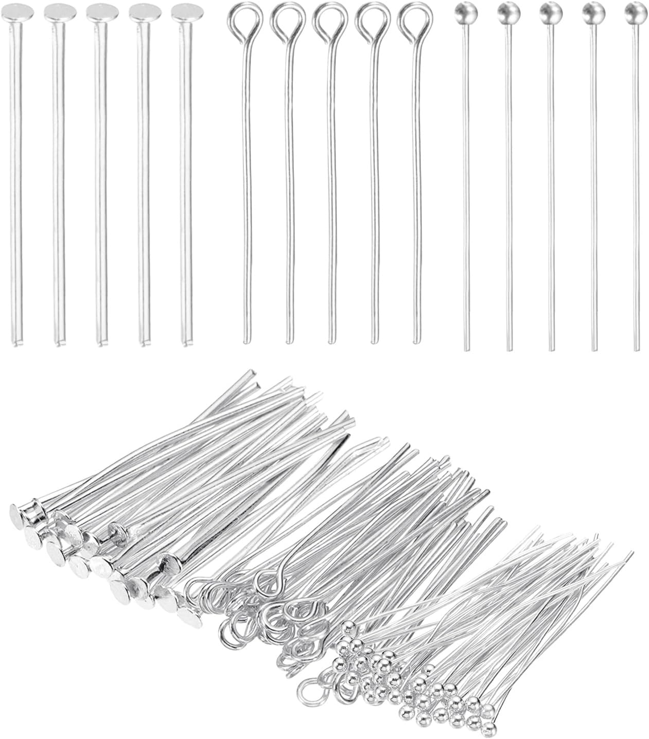 PATIKIL Head Pins Set for Jewelry Making, 600 Pcs 3 Styles 1.18" Flat Head & Ball Head Pins & Eye Pins Findings for DIY Necklaces, Earrings, Bracelets Making Supplies (Silver Tone)
