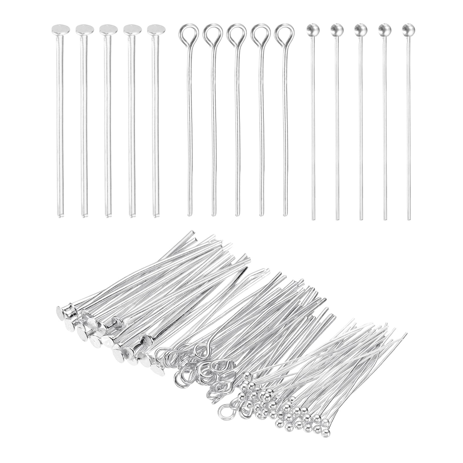 PATIKIL Head Pins Set for Jewelry Making, 600 Pcs 3 Styles 1.18" Flat Head & Ball Head Pins & Eye Pins Findings for DIY Necklaces, Earrings, Bracelets Making Supplies (Silver Tone)