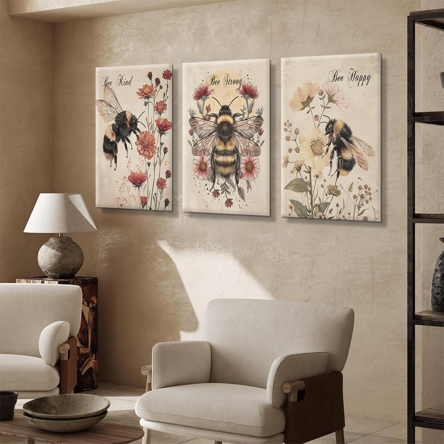 3Pcs Vintage Bee Floral Canvas Wall Art Strong Happy Kind Inspirational Poster Print Wall Decor Funny Insect Painting Picture Suitable for Living Room Bedroom Home Decoration (12x16in Canvas)