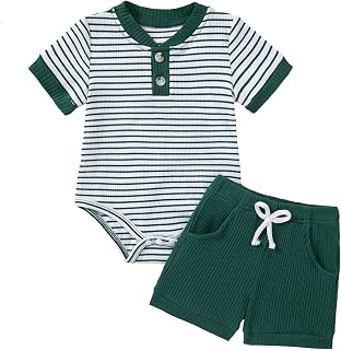 Baby Boy Clothes Short Sleeve Striped Romper Solid Short Set Ribbed Knitted Summer Outfit