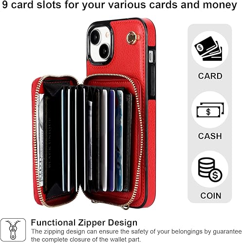 Miniatura 10 de Bocasal Funda tipo cartera cruzada para iPhone 15 Plus, funda de piel con bloqueo RFID y soporte para tarjetas, funda protectora con cremallera y