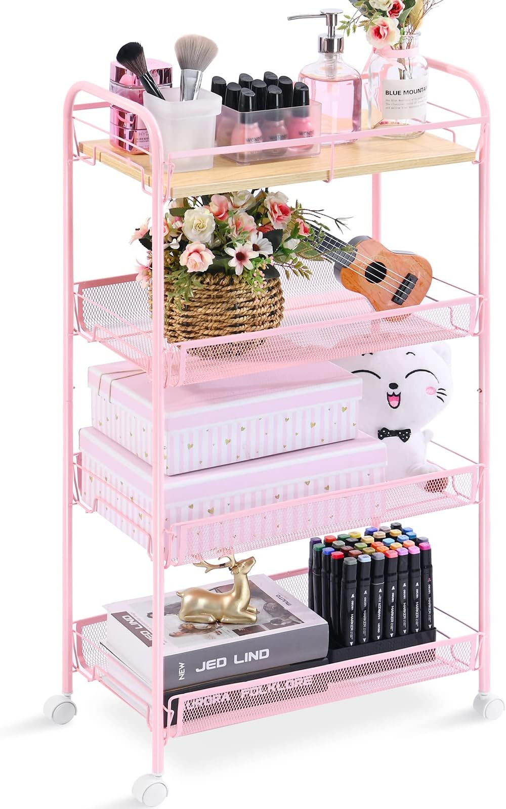 Aufbewahrungswagen Mit Schublade - 4 Etagen Rollwagen In Pink