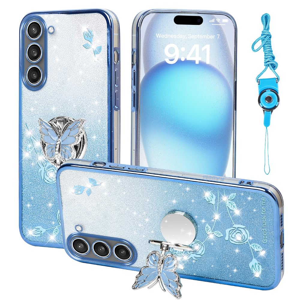 RTYQXK for Samsung Galaxy S23 Plus Phone Case,for S23+ Mobile Phone Case for Women and Girl, Glitter Butterfly Floral TPU Protective Cover with