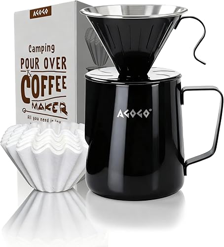 Miniatura 12 de AGOGO Cafetera portátil de goteo V60 - Juego fácil de limpieza compacto gotero de acero inoxidable 304 para acampar y 50 filtros de papel y paño de