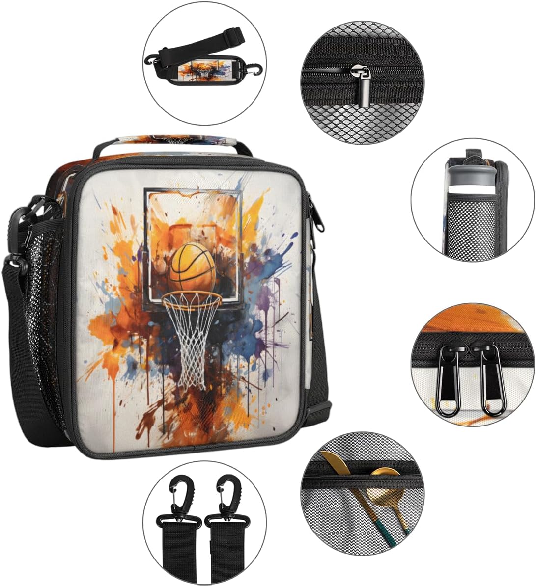 Pardick Lunch Box for Kids Watercolor Sport Basketball Lunch Bag for Girls Boys Insulated Freezable with Adjustable Shoulder Strap, Cooler Tote Bag for School Travel Picnic Beach - Image 2