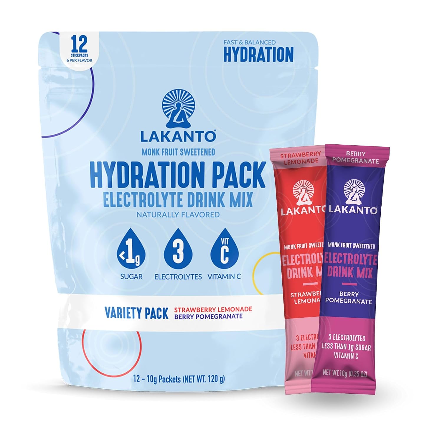 Lakanto Hydration Pack Electrolyte Drink Mix - On the Go Hydration, Replenisher, Sports Nutrition Drink Packets, Performance, Recovery - Variety Pack (2 Flavors - 12 Sticks)