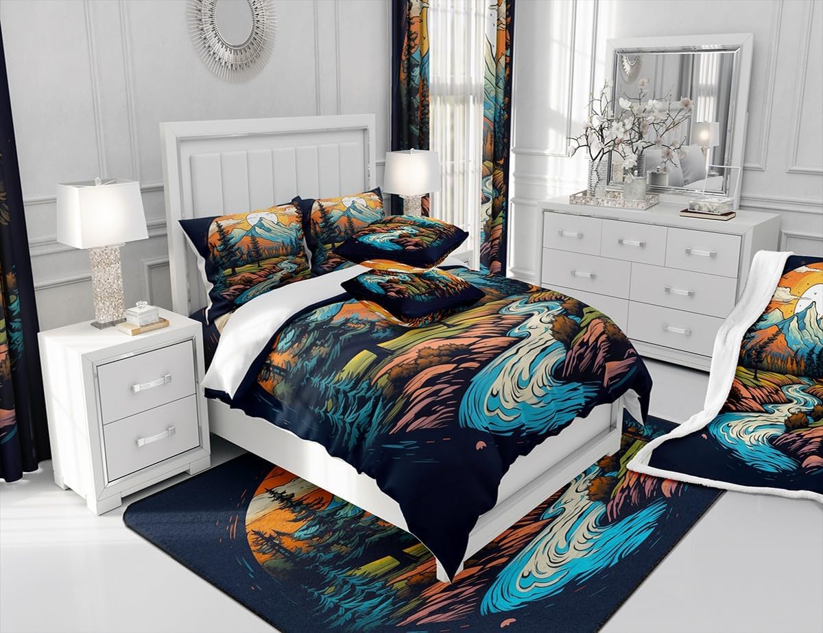 Feelyou Boys Girls Mountain Sunset Plush Blanket for Bed Sofa Couch Oil Painting Sherpa Blanket Nature Theme Fleece Throw Blanket Kids Vintage Style Teens Fuzzy Blanket Room Decor Twin 60"x80"
