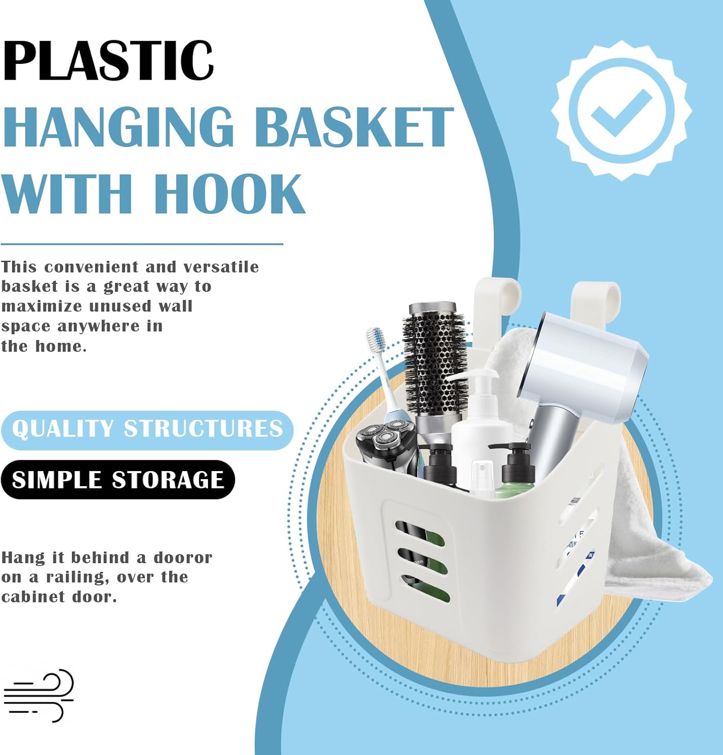 2Pcs Hanging Basket with Detachable Hook Plastic Storage Basket Bathroom Shower Hanging Basket for Kitchen Bathroom Cabinet - Image 5