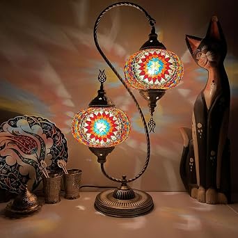 BOTOWI 2 Light Turkish Lamp Mosaic Table Lamp Unique Moroccan Table Light Handmade Antique Bohemian Vintage Lampshade Tiffany Desk Bedside Stained Glass Lamp,Orange Color