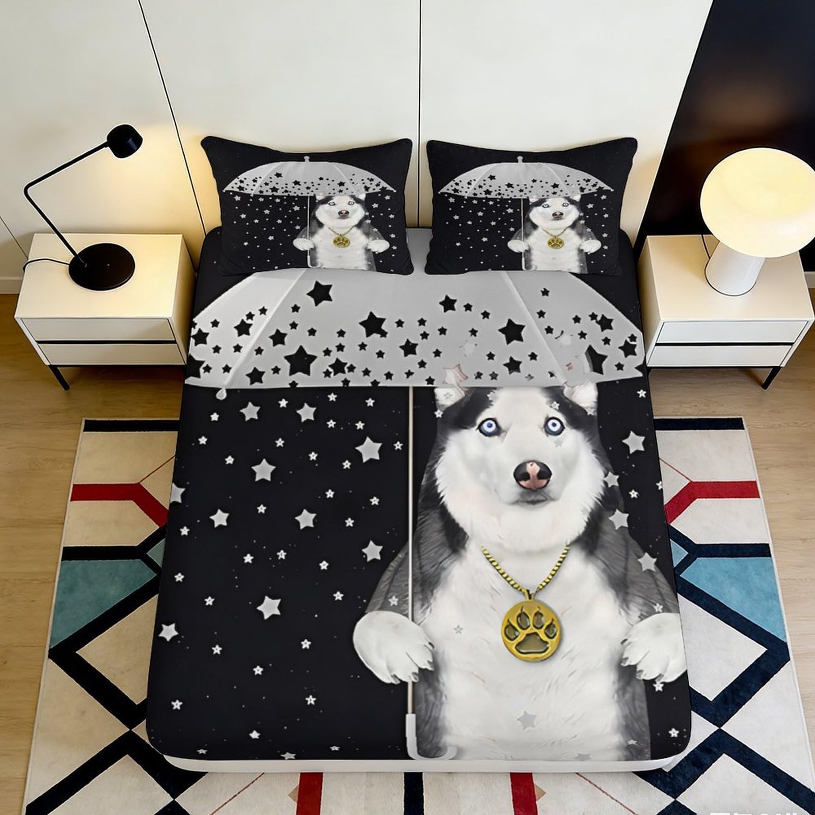 3D Printed Husky Star Fitted Sheet Microfiber Deep Pocket Non-Slip Bedroom Bedding Husky Star Mattress Fitted Cover Washable for Adults Teens 90x200x25cm