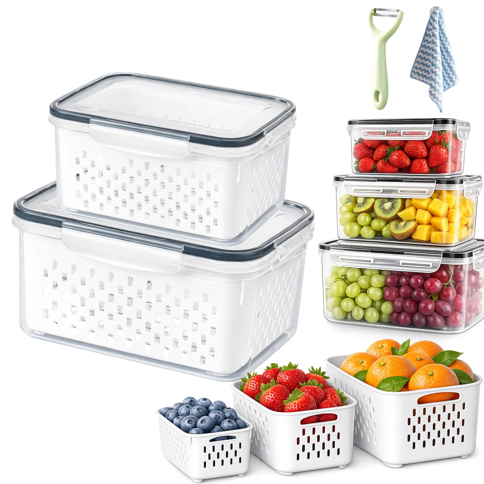 4-in-1 Produce Storage Containers, 3-Pack Set Fruit Storage Containers for Fridge with Removable Colander & Airtight Lids, Leak Proof Drain Basket for Fresh Vegetable Organization (Gray,M+L)