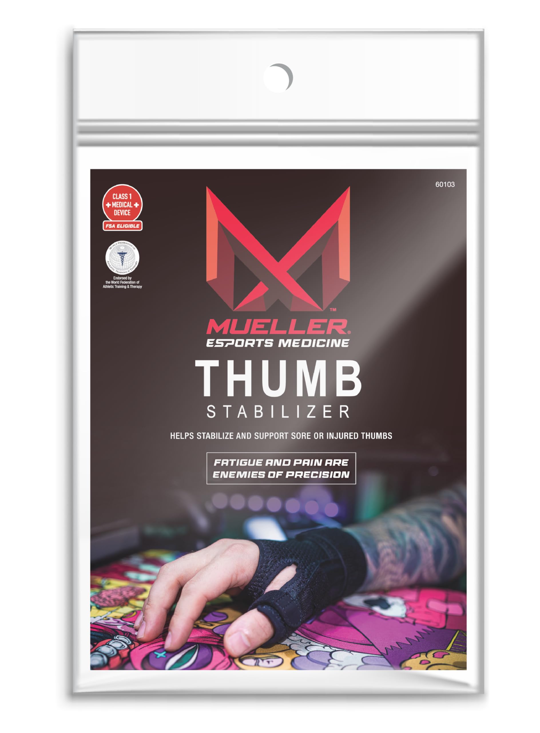 MUELLER Esports Medicine Reversible Thumb Brace for Men and Women, Pain Relief Stabilizer with 6 KTape Strips, Ideal for Gamer's Thumb and Arthritis, Fits Right or Left Hand, Black, One Size