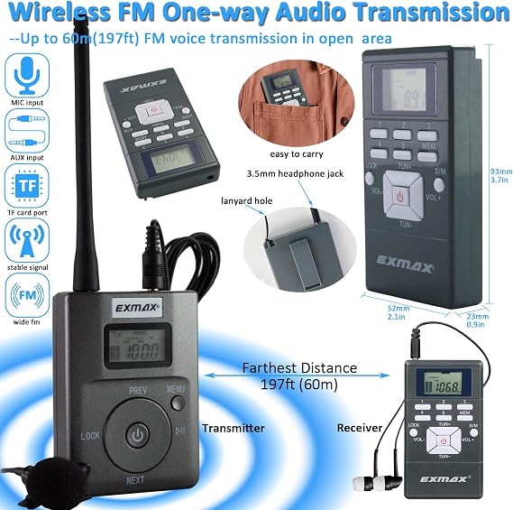 EXMAX EXG-108 Live Translator Device Wireless Microphone FM Radio Broadcast System for Social Distance Guide Meetings Training Meeting Training Church Parking lot 1 Transter و 30 جهاز إستقبال (رمادي)