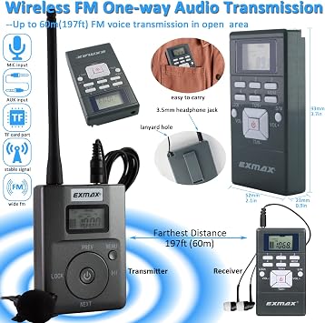 EXMAX EXG-108 Live Translator Device Wireless Microphone FM Radio Broadcast System for Social Distance Guide Meetings Training Meeting Training Church Parking lot 1 Transter و 30 جهاز إستقبال (رمادي)