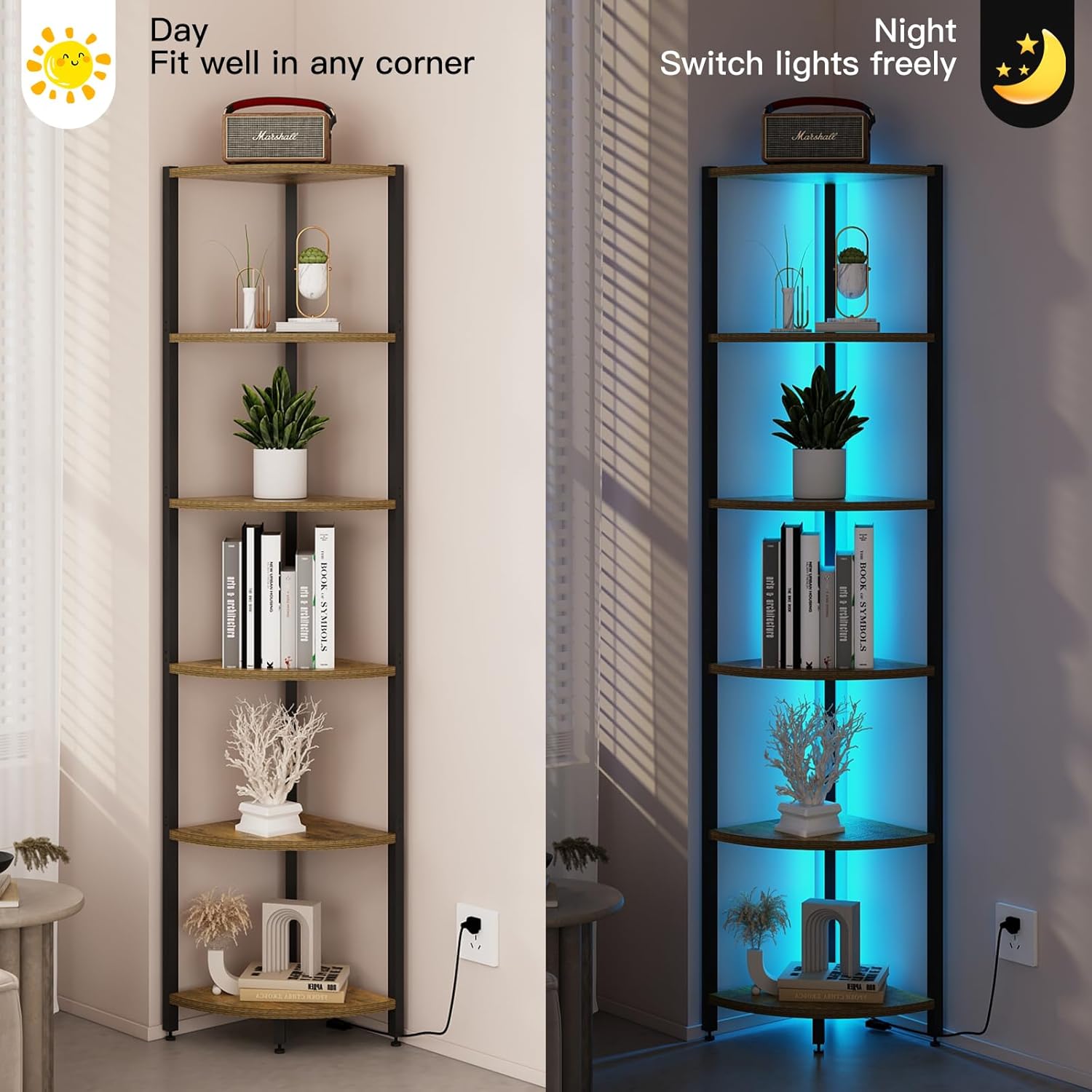 6-Tier Corner Shelf with LED Lights - 65" Tall Narrow Bookshelf, Standing Shelf with Storage Rack, Sturdy Metal Frame & Waterproof Shelves, Rustic Brown, for Living Room/Bedroom/Bathroom