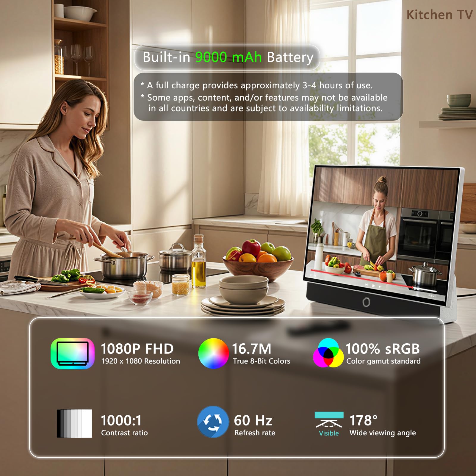 TV portátil de 27 pulgadas FHD 1080P Android14 OS con Google TV, batería de 9000 mAh, Dolby Audio, 100% sRGB, Google Assistant, mango de cuero, transmisión de Android TV con funda de transporte para