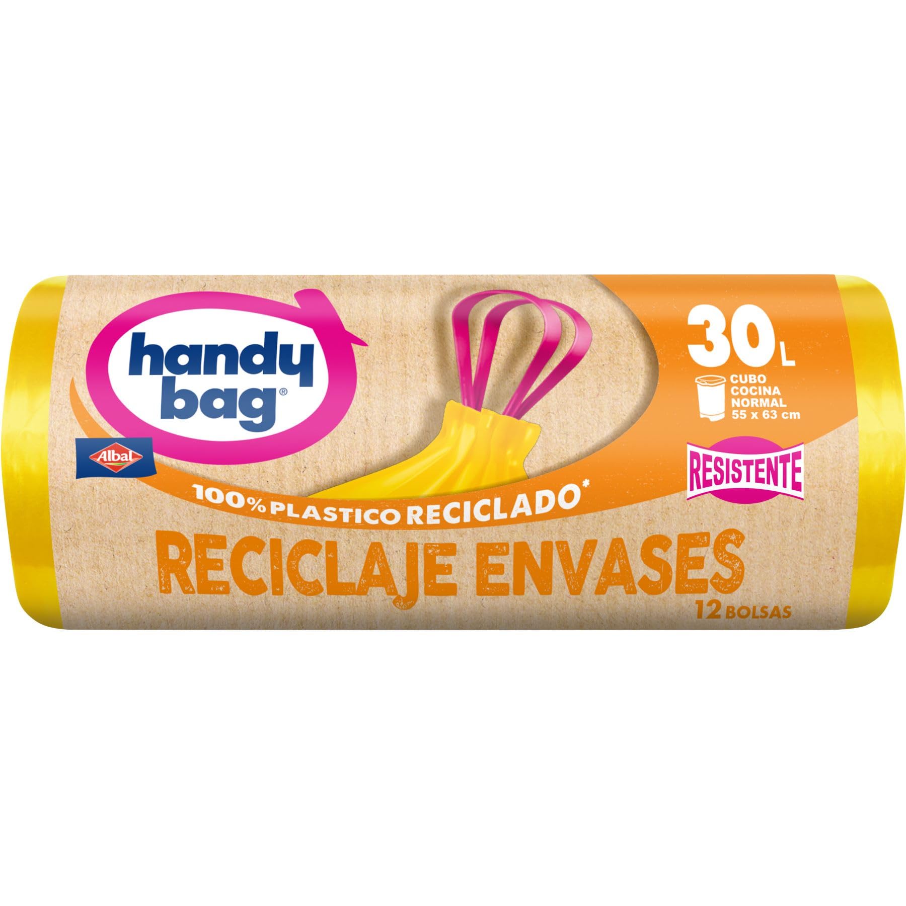Handy Bag Bolsas de basura Reciclaje Envases - Bolsas para cubo de basura de cocina, resistentes y antigoteo, con cinta autocierre y triple capa, 100% plástico reciclado, 30L, 12 bolsas