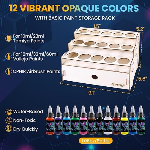 Miniatura 4 de OPHIR Kit profesional de 3 aerógrafos y tanque de compresor de aire de 3 litros con 12 colores juego de pintura acrílica y estante de pintura de