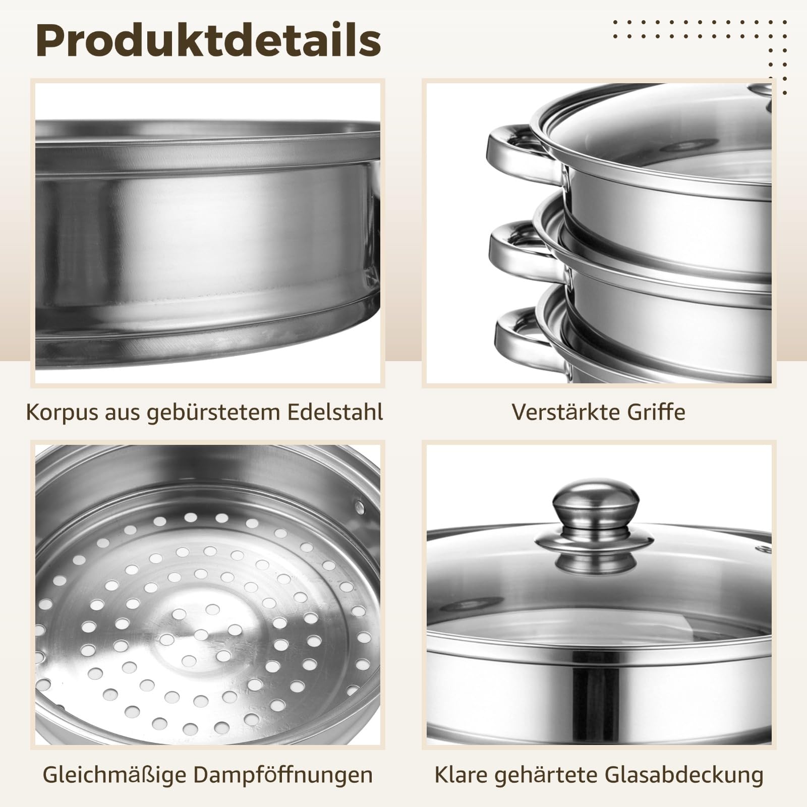 3-stöckiger Dampfgarer Topf mit Glasdeckel, Dampfgarer 28 cm aus Edelstahl