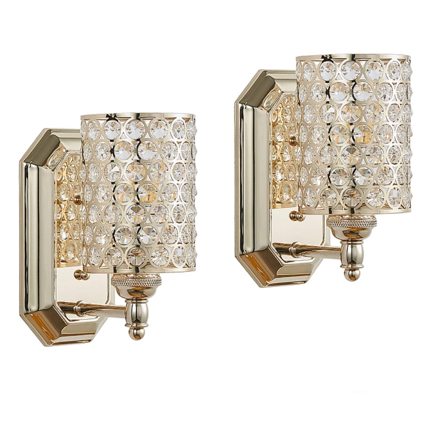 2 Pack 1 Light Crystal Wall Sconce Lighting with Champagne Finish,Modern Concise Style Wall Light Fixture Polyhedral Crystal Shade for Bathroom, Bedroom Living Room Bedside