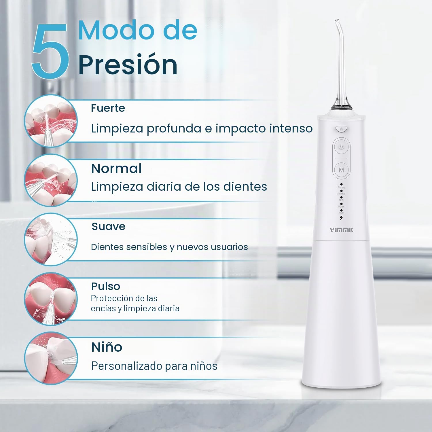 Vimmk Irrigador bucal inalámbrico, Irrigador Dental de Agua con Irrigador Oral Dental Recargable Impermeable IPX7 para Viajes a Casa (Blanco)