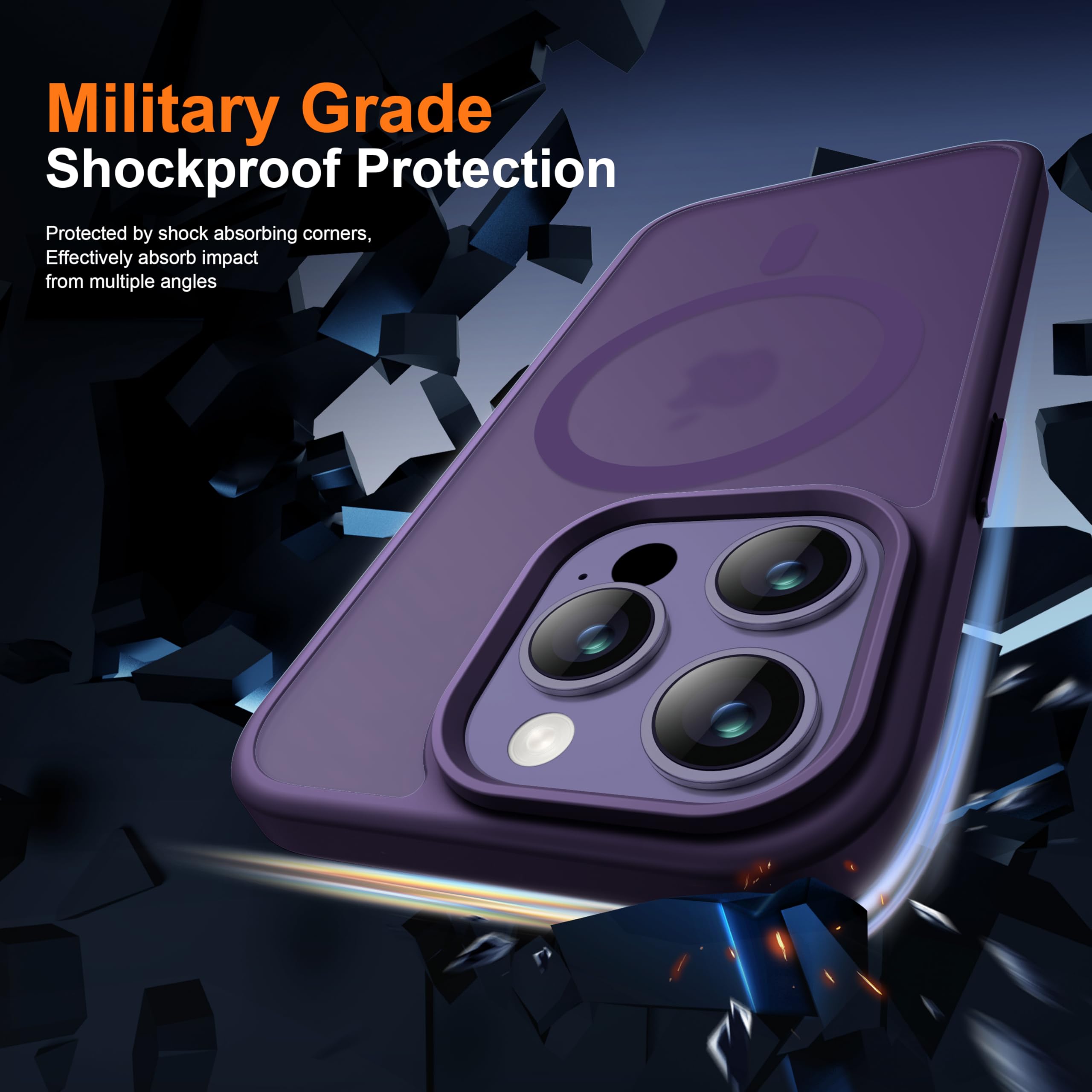 ORETECH Magnetica Cover per iPhone 14 Pro Max [Compatibile con MagSafe], con 2 Vetro Temperato e 1 Vetro Fotocamera, Custodia Traslucida Opaca Antiurto Ultra Sottile Hard PC Silicone, Viola Scuro