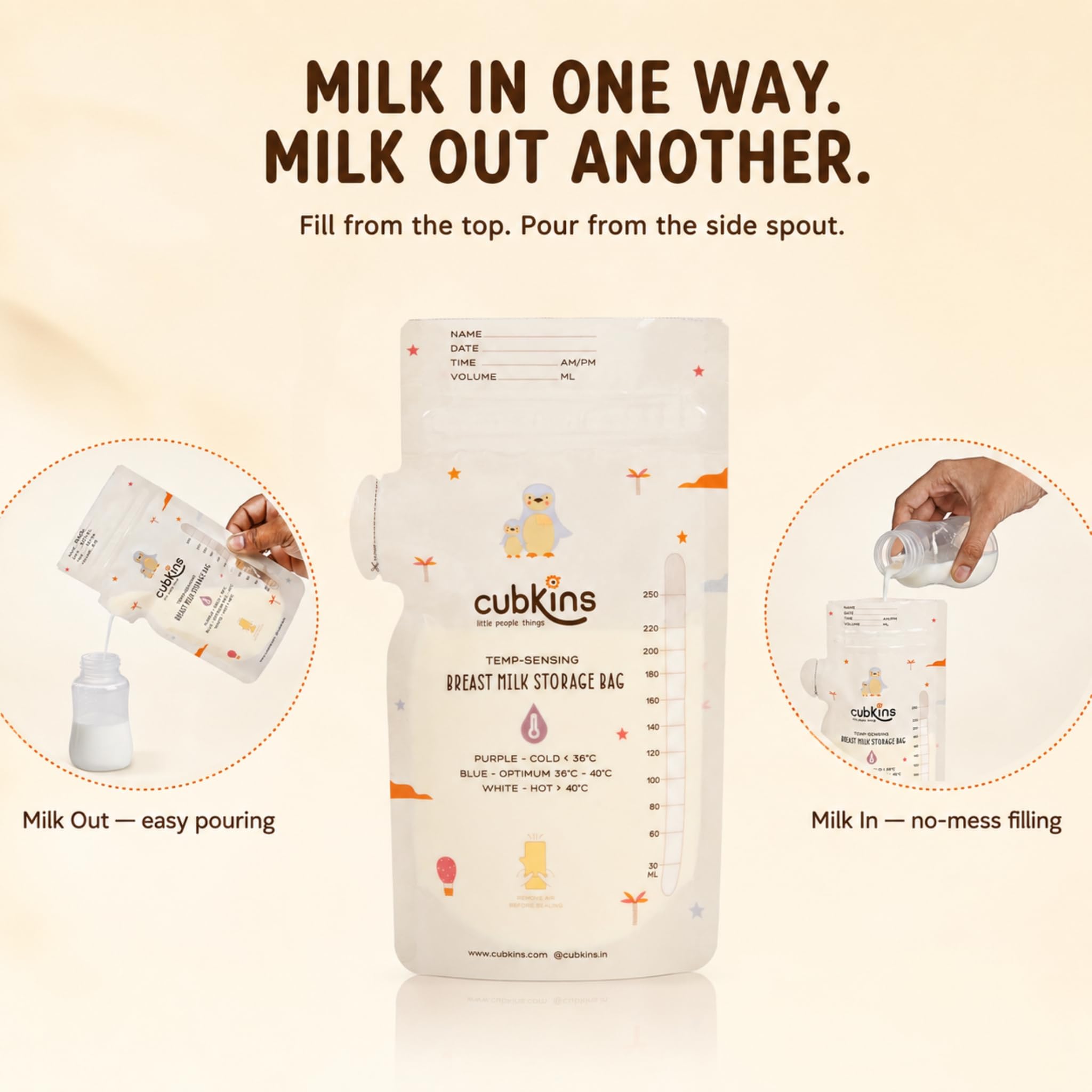 Cubkins Breast Milk Storage Bags 250ml (Pack of 50) | Smart Temperature Indicator | Pre-Sterilized, BPA Free | Leak Proof Double Zipper | One-Way Pour Spout | Self-Standing Freezer Bags with Marker 2